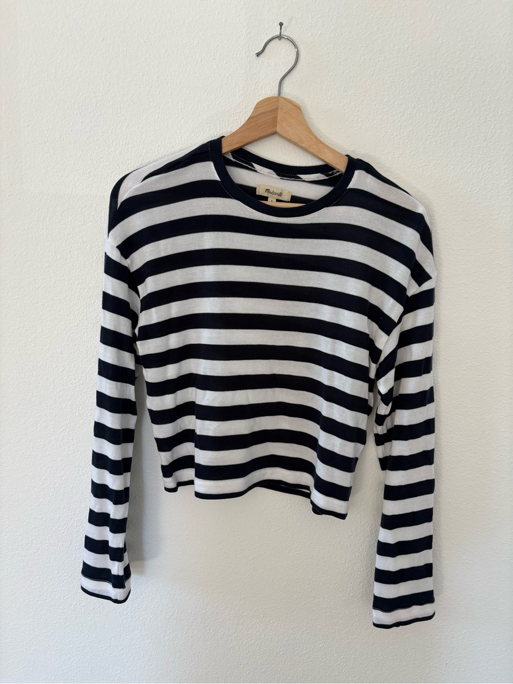 Madewell Striped Long-Sleeve Cropped Crewneck Top - Navy & White